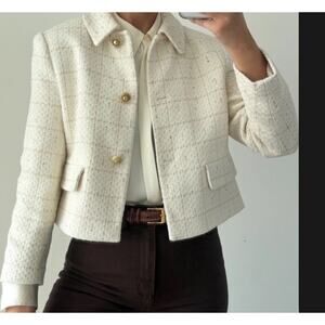 Zara Cropped Ivory Boucle Blazer French Girl Old Money Classic Size L Pre-loved